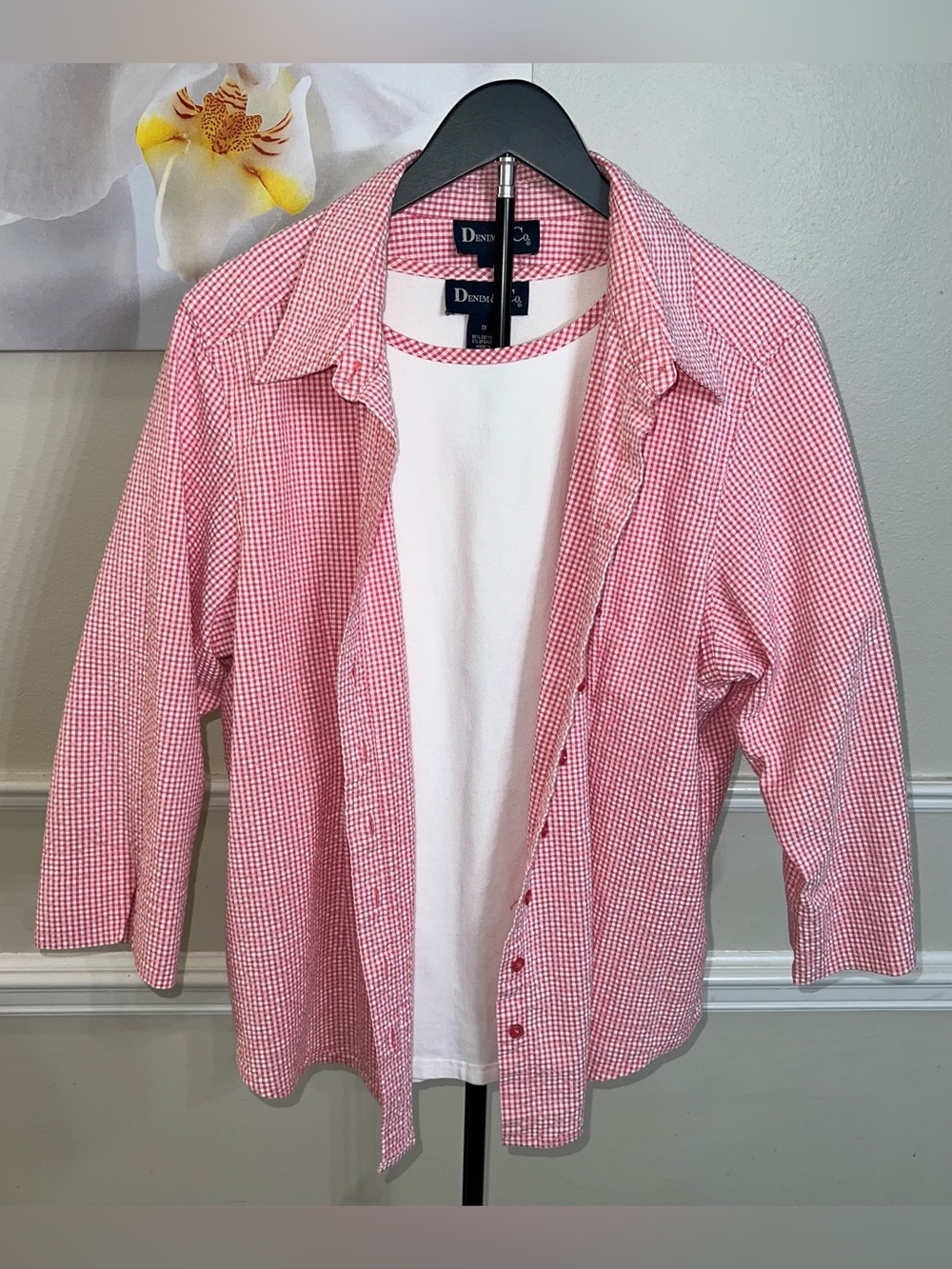 Denim & Co. Button-Down Red and White Gingham Pattern 3/4 Sleeves! Size 1X. - Picture 3 of 11